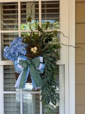 Blue Hydrangea & Greenery Hanging Basket with Bird Nest Accent